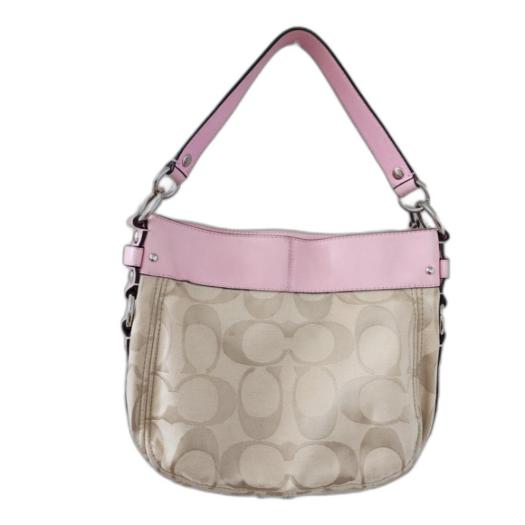 COACH Zoe Hobo Bag Khaki Pink Signature Canvas Leather Y2K - Picture 2 of 10